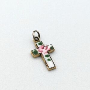 Vintage hand painted enamel cross pendant tiny
